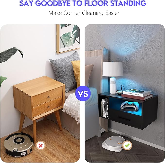 Homaterial Floating Nightstand with Charging Station and LED Lights, Floating Bedside Table with Drawers Wall Mounted Nightstands,for Bedroom Room, 21.3" x 11.8" x 10",Black