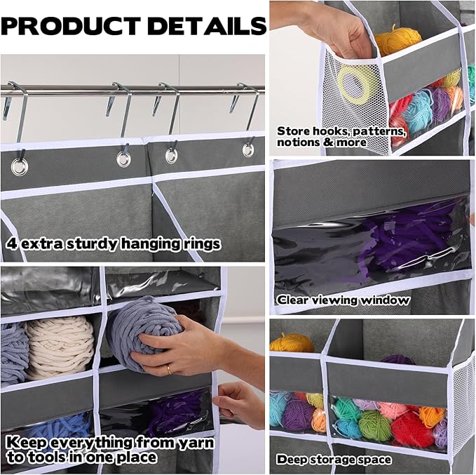 Over Door Yarn Storage Organizer Oxford Cloth Hanging Yarn Storage Organizer with 10 Deep Clear Pockets & 10 Mesh Side Pockets Extra Large Behind Door Storage for Crochet Accessories Knitting Supplies