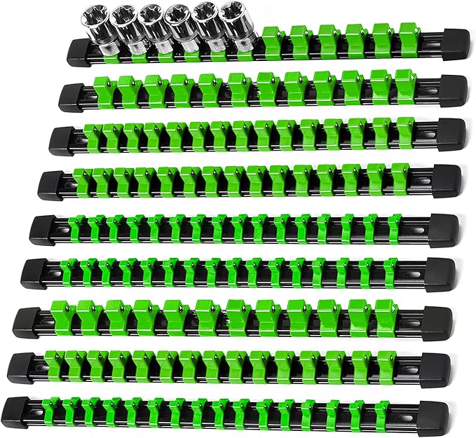 Socket Organizer Drive ABS Tools - Green Socket Holder, Premium Quality 9 Pieces Socket Holders Kit 1/4-Inch x 48 Clips, 3/8-Inch x 45 Clips, 1/2-Inch x 36 Clips（9PC,Green