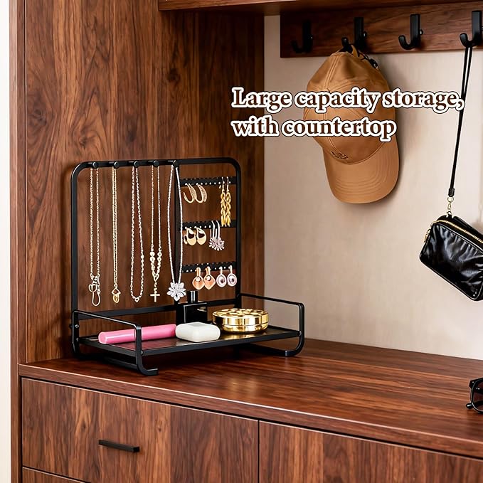Jewelry Holder, Jewelry Organizer Display Holder with Metal Frame, Jewlery Stand with Metal Frame and Wooden Base, Display With Storage Bottom Plate for Earrings for Necklace Bracelet Earring Ring