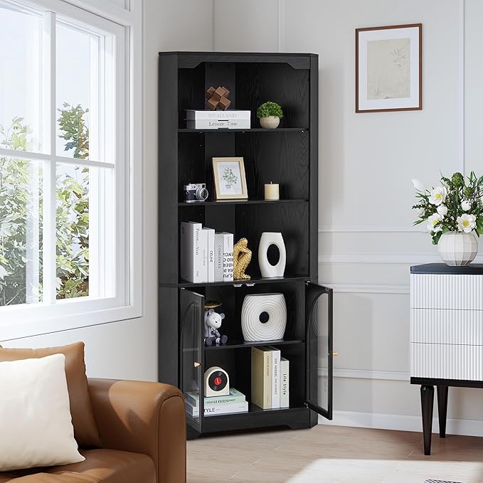Mid-Century Modern 70" H Tall Coner Storage Cabinet with Doors & Adjustable Shelves, Wood Home Coner Pantry Hutch for Kitchen, Dining Living Room, Bathroom, Antique Dispaly (Black)