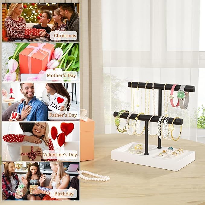 SZQINJI Bracelet Holder Organizer Jewelry Display Stand, Solid Wood Base with 2 Tier Metal T-bar for Bracelet Wristband Bangle Watch Necklace Hanging, White, Christmas Gift