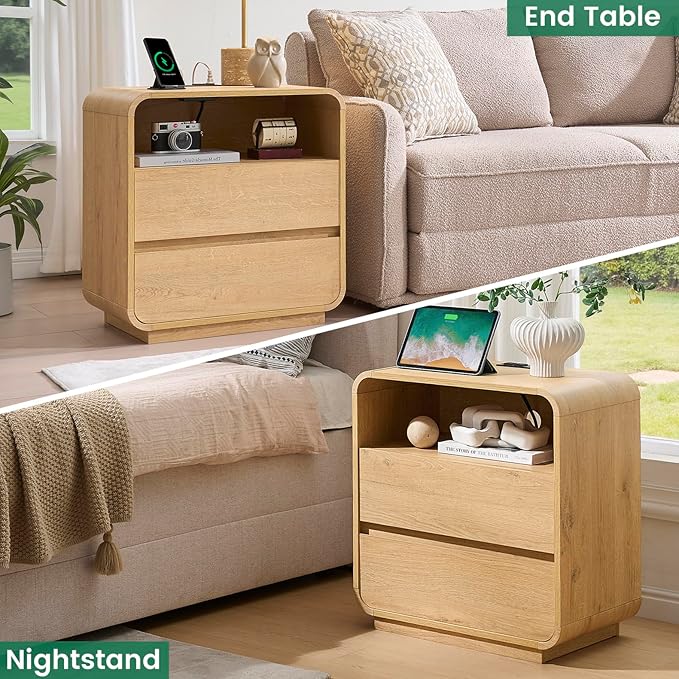 Curved Night Stand Set of 2, 23.2" Large Wood Farmhouse Nightstand with Charging Station & 2 Storage Drawers Bedside Table, Modern End Table for Bedroom, Living Room, Natural