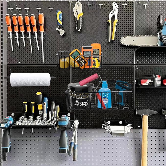 310PCS Pegboard Accessories Organizer Kit, Peg Board Baskets and Paper Towel Holder for 1/8 and 1/4 inch Pegboard Hooks Assortment,Metal Hooks for Hanging Storage (Basket Set)