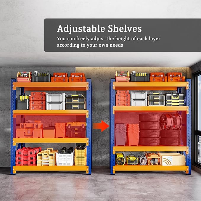 5000LBS Heavy Duty Garage Shelving 59" W Garage Storage Shelves 4-Tier Metal Adjustable Shelf Unit Storage Rack for Basement Supermarket Warehouse 59" W x 24" D x 78" H Blue-Orange