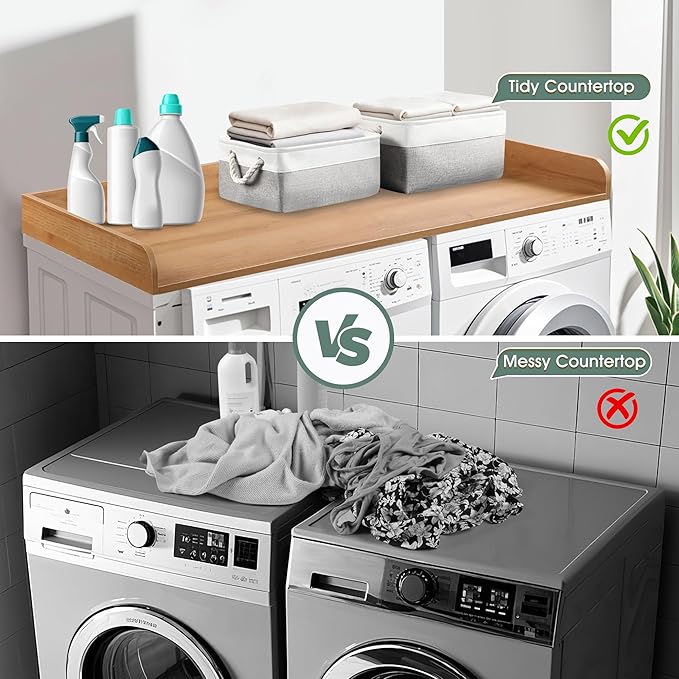 Washer Dryer Countertop with 2 Pack Storage Baskets, Wood Washer and Dryer Countertop with Non-Slip Pads/Edge Rails for Laundry Room Storage and Organization, 27.5" W x 54" L(Dark Woodcolor)