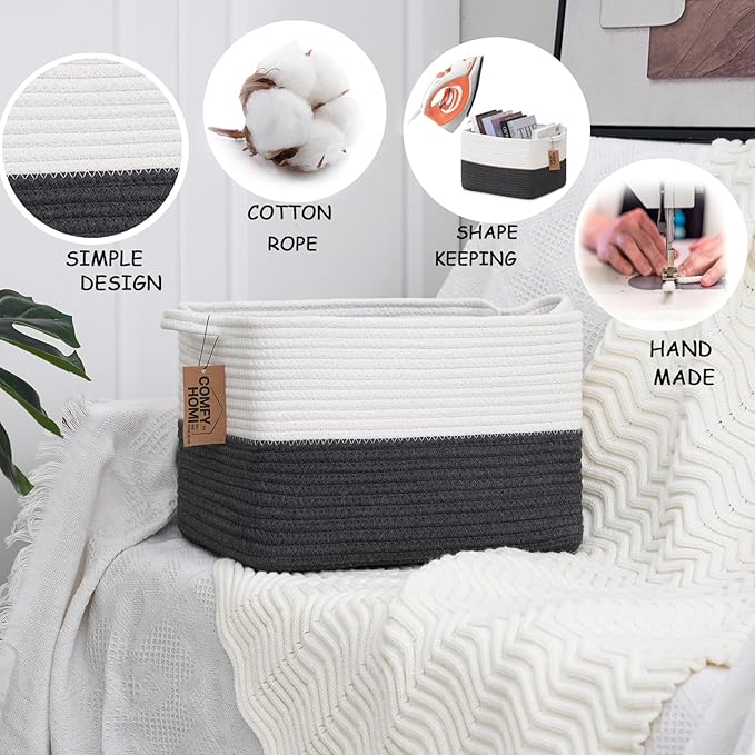 COMFY-HOMI 3PACK Cotton Rope Square Basket with Handles for Shelves| Storage|Baby Basket for Gif|Shoe basket for Organizing|New13.5" x 11" x 9.5" for Living Room（White/Dark Grey）