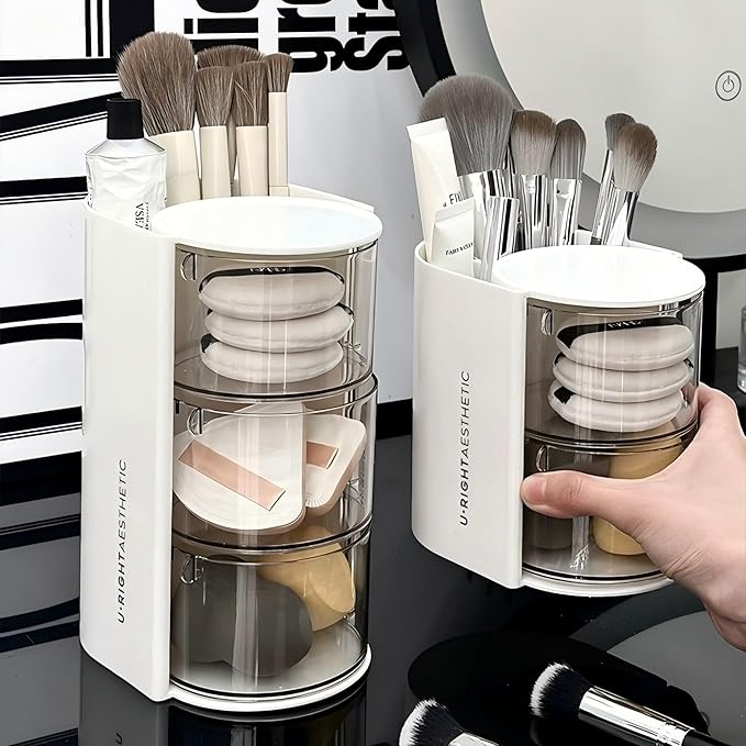 Hair Accessories Organizer with Hair Brush Holder, Rotatable Makeup Brush Holder for Necklaces, Earring, Bracelet, Ring, Makeup Brushes, Hair Clip and Hair Accessories (White, 2-Layer)