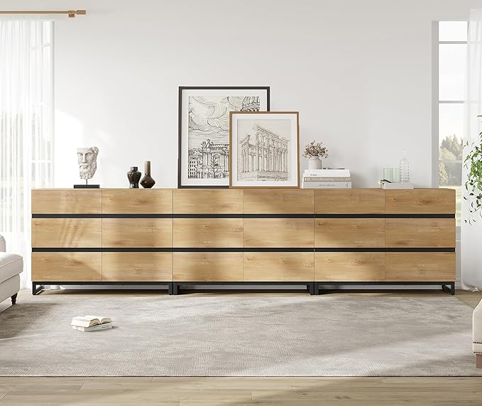 WAMPAT Dresser for Bedroom, Closet Organizers and Storage with 18 Drawers, Modern Wood Dresser with Metal Base, Chest of Drawers for Living Room, Bedroom, Oak