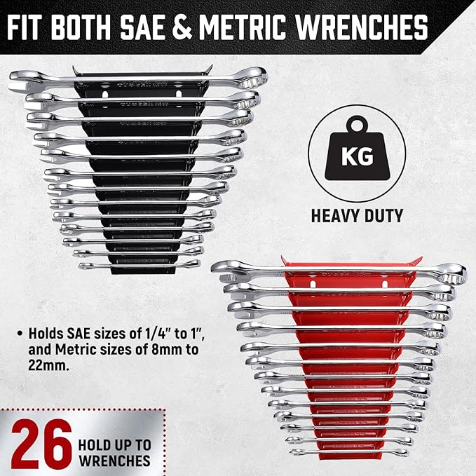 ALOANES 26-Slot Metal Wrench Organizer, Heavy Duty Hanging Wrench Organizer Tray for Tool Box&Wall, Fit SAE & Metric Wrench Storage, 2 Pack Wrench Holders (Red&Black)