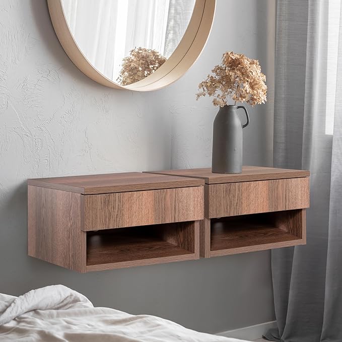 JONATHAN Y NST2002A Ettore 15.71" Mid-Century Modern Floating Wall Mounted Nightstand with Soft-Close Drawer and Cable Hole, Dark Brown