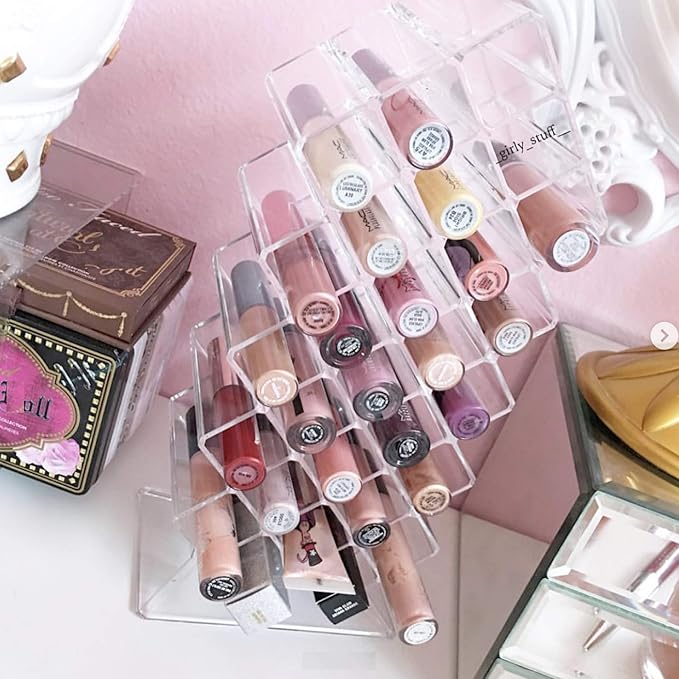 BY ALEGORY (Set Of 2) Acrylic Lip Gloss Makeup Organizer 28 Space Storage w/Deep Slots Designed To Stand Lay Flat & Be Stacked Refillable Cosmetic Container - Clear