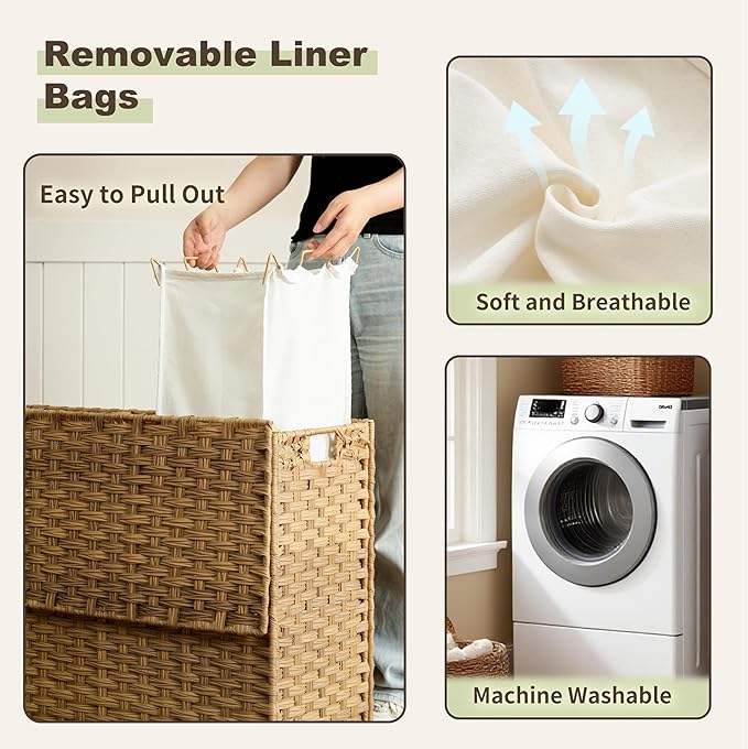 Laundry Hamper with Lid, 110L (29.1 Gal) Rattan Laundry Hamper 2 Section with 50L (13.2 Gal) Storage Shelf, Wicker Woven Laundry Sorter Basket with 3 Liner Bags and Handles, Natural GLH002N