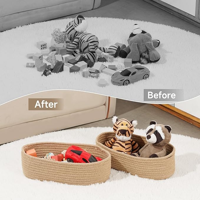 Temary Toilet Paper Basket, Narrow Cotton Rope Storage Bins with Handles, 2 Pack Small Decorative Baskets for Organizing Bathroom, Bedroom, Living Room (Jute, 13x5.9x3.9)