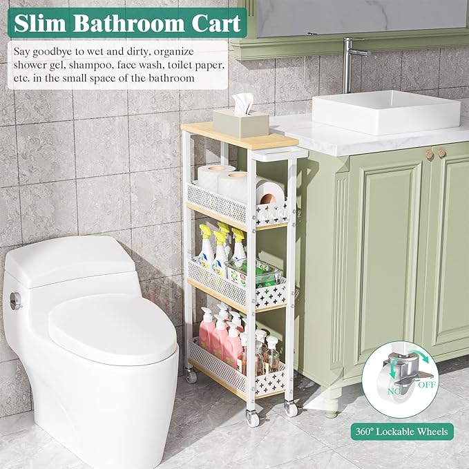Giwil 4-Tier Slim Rolling Storage Cart for Kitchen Bathroom Organizer, Mobile Narrow Storage Cabinet Utility Cart with Wood Rack on Wheels for Pantry Laundry Small Space, White
