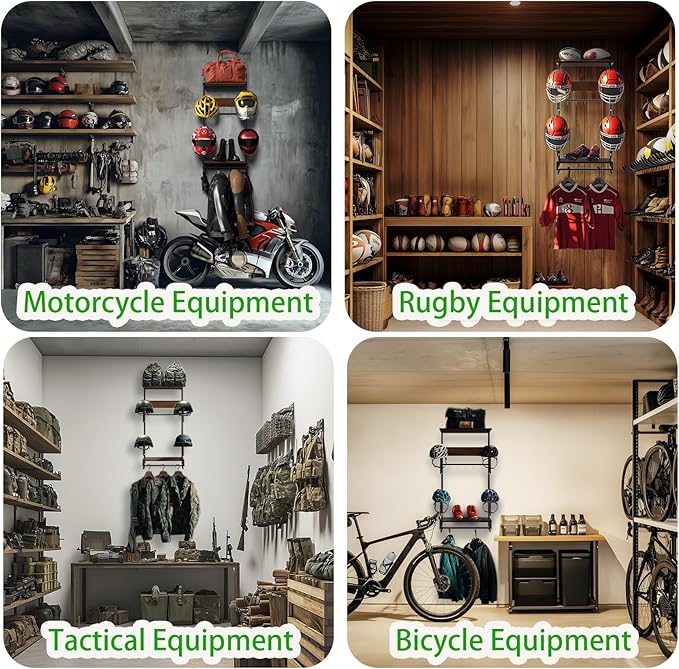 EleganceX Motorcycle Helmet Storage - Helmet Rack Wall Mount with 2 Tiers Storage Boards, 4 Hat Stands, 4 Glove Clips,5 Key Hooks Motorcycle Helmet Holder for Gear Accessories, Clothes, Gloves