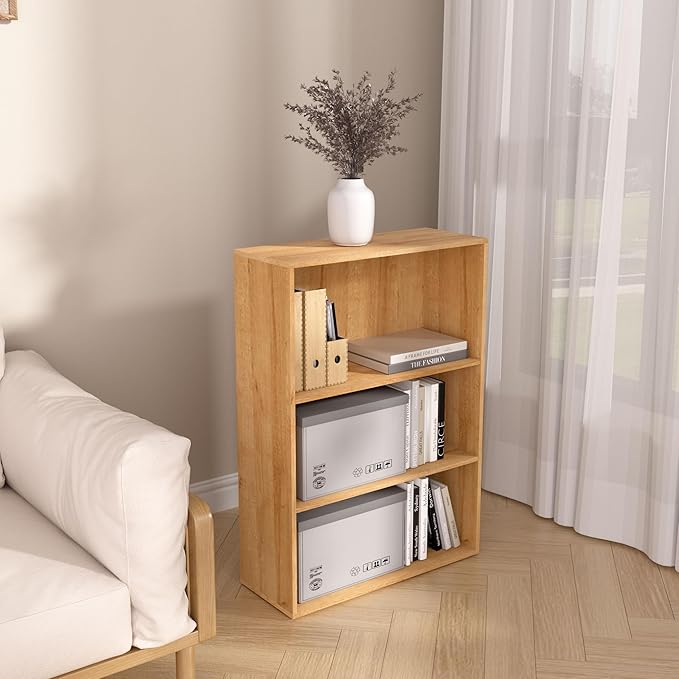 Wooden 3 Tier Book Shelf,3 Cube Storage Organizer,3 Tier Low Bookcase Storage Display Organizer, 33 Inch Versatile Cubes Shelf and Cubby Unit for Any Space (Natural Oak, 3 Cube-W(23.6inch)