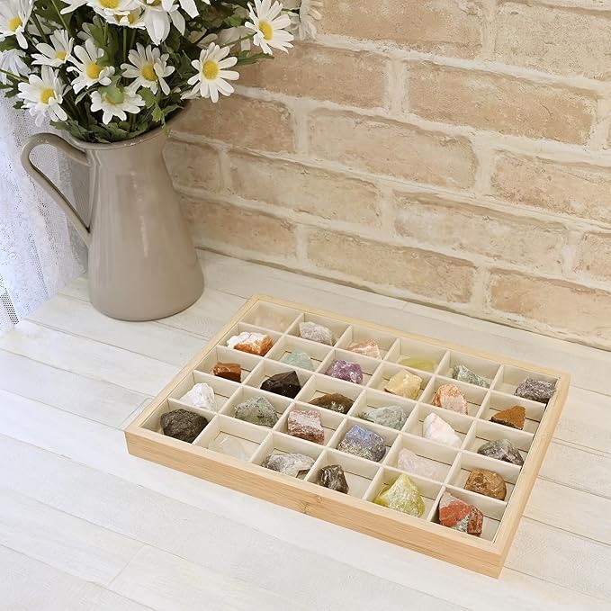 MOOCA 2 Pcs Set Bamboo Jewelry Display Tray Organizer with 30 Compartments for Rings, Earrings, Jewelry, Accessories, and Collectibles items, Oak Color,14" W x 9.6" D x 1.2" H