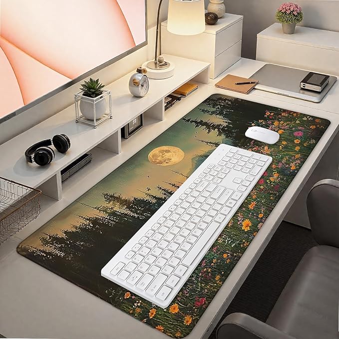 Vintage Moonlit Wildflower Floral Large Mouse Pad 31.5x15.7inch, Retro Nature Landscape Flower Large Extended Computer Desk Mat Mousepad for Keyboard and Mouse, Floral Desk Accessories