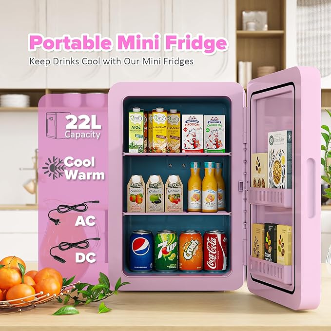22L/30Cans Mini Fridge for Bedroom, 12v DC Portable Cooler & Warmer, Mini Refrigerator with Glass Front, for Car Office Desk & Dorm Room Food Beverage Skincare Makeup (Pink)