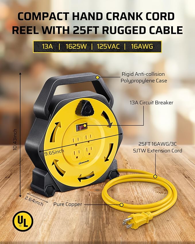 DEWENWILS Extension Cord Reel with 25 FT Power Cord, Hand Wind Retractable, 16/3 AWG SJTW, 4 Grounded Outlets, 13 Amp Circuit Breaker, Yellow, Yellow Cord, UL Listed
