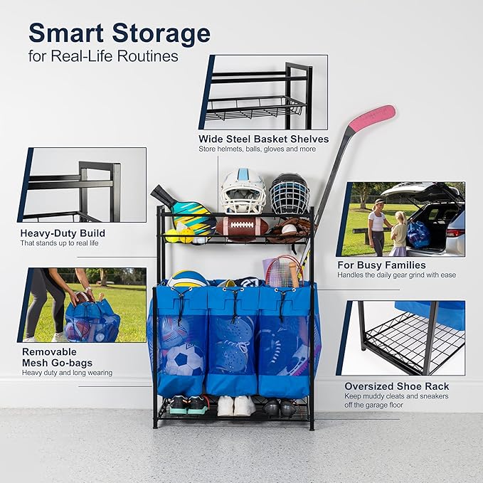 KASSELL Garage Sports Organizer Storage rack for sports equipment Ball, Heavy Duty Toy and Gear Storage Organizer with Grab and go bags (Black)