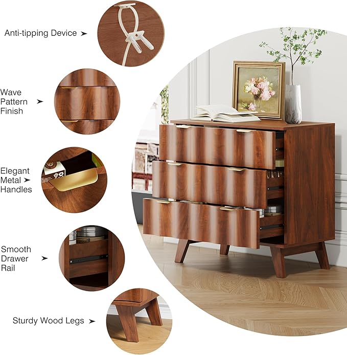 3 Drawer Dresser, Fluted Chest of Drawers with Handles for Closet, Large Nightstand with 3 Drawers Accent Cabinet for Bedroom, Living Room, Hallway (Walnut)