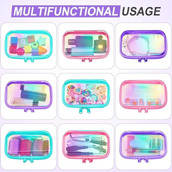 Sanwuta 6 Pcs Clear Hard Zipper Case Hard Plastic Zipper Pouches Transparent Makeup Bag Pencil Pouches for Travel Snacks Christmas Trinket Storage Organizer Box(Holographic,5 x 3 x 2 Inch)