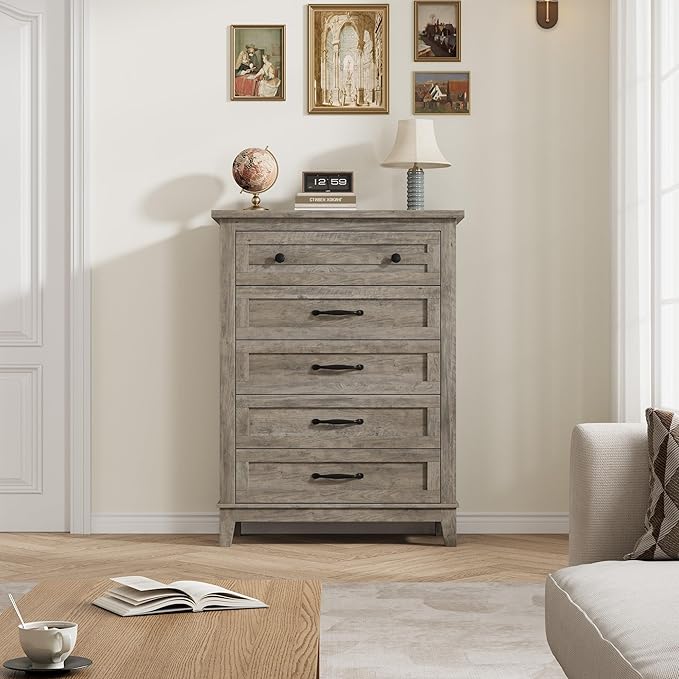GarveeHome 5 Dresser for Bedroom, 41.3 in Tall Vertical Drawer Dresser with Large Storage, Freestanding Wooden Closet Chest for Bedroom, Living Room, Ash Grey