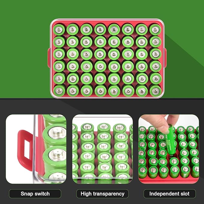 ALCYON Battery Organizer Storage Case, Battery Vault Box Container for 48pcs AA Batteries, Plastic Clear Protective Battery Holder for Travelling/Home/Office (Red, Large)
