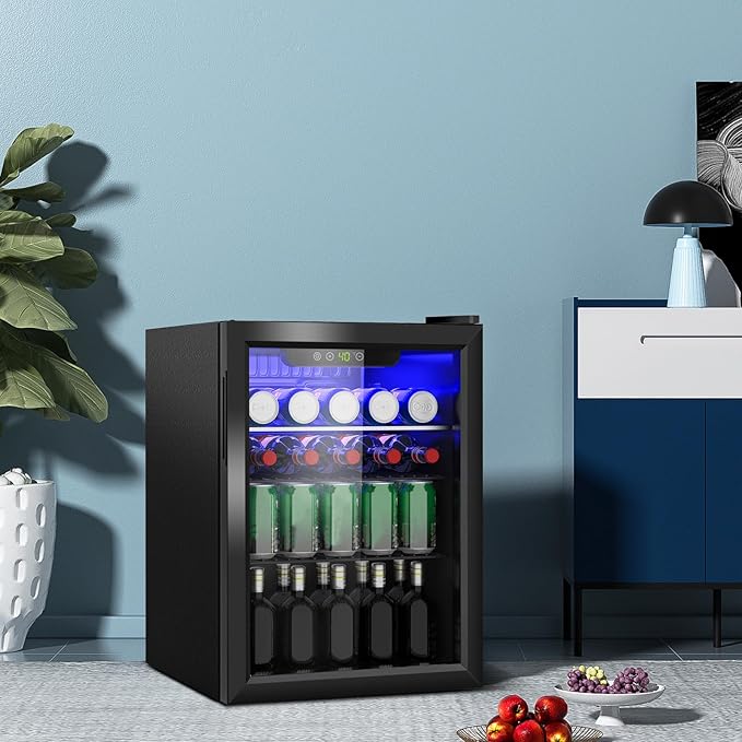 Beverage Refrigerator Cooler, 95 Can Mini Fridge Glass Door for Drinks Soda, Beer, or Wine - Small Refrigerator for Office Bedroom Home Bar, Adjustable Shelves, 2.6 Cu.Ft, Black