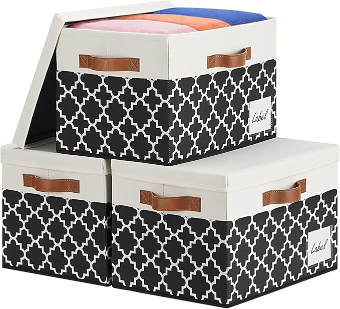 GhvyenntteS Extra Large Storage Bins with Lids, Foldable Fabric Storage Boxes with Lids and 3 Handles, Storage Baskets with Label Window (3 Pack, White&Lattice Black, 15.75x11.8x10.2)