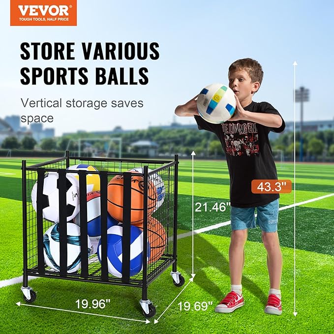 VEVOR Rolling Sports Ball Storage Cart, Lockable Basketball Cage with Double Lids, Sport Equipment Holder Organizer for Indoor Outdoor, Steel Storage Rack for Garages, Playgroup, Gym and Schools