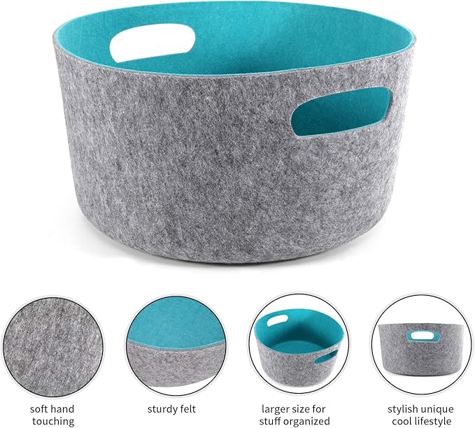 Welaxy Large Storage Basket Felt Open Storage Bins Desk Organize bin Shelf Box with Handles for Magazines Books Junk Kids Toys Pet Toy Clothes Laundry Organizing Round(Turquoise)