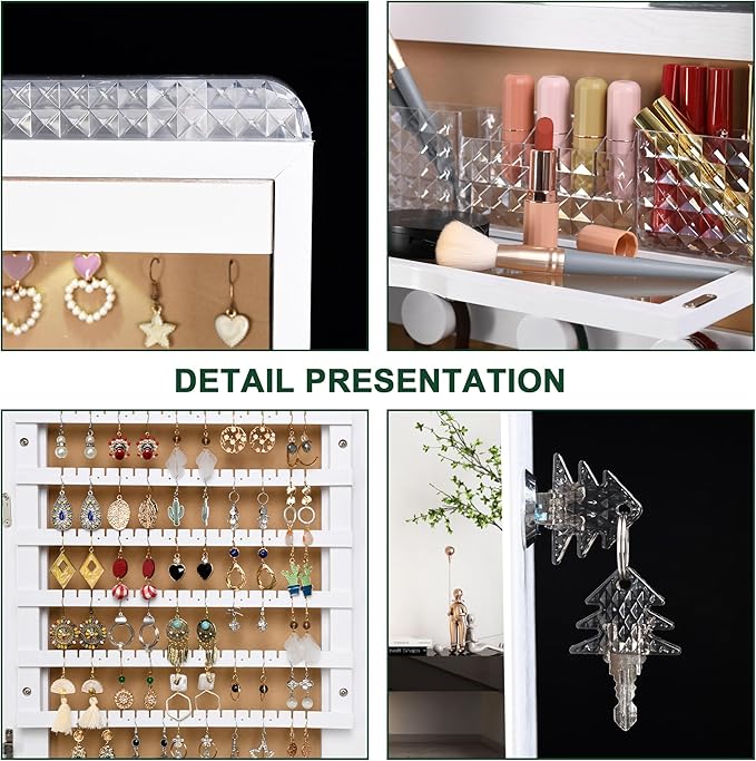 HNEBC LED Mirror Jewelry Cabinet,47.2" Wall Mounted Jewelry Organizer with Full-Length Mirror,Over The Door Hanging Jewelry Armoire Storage Cabinet,Folding Dresser,2 Drawers,Lockable, 3 Shelves(White)