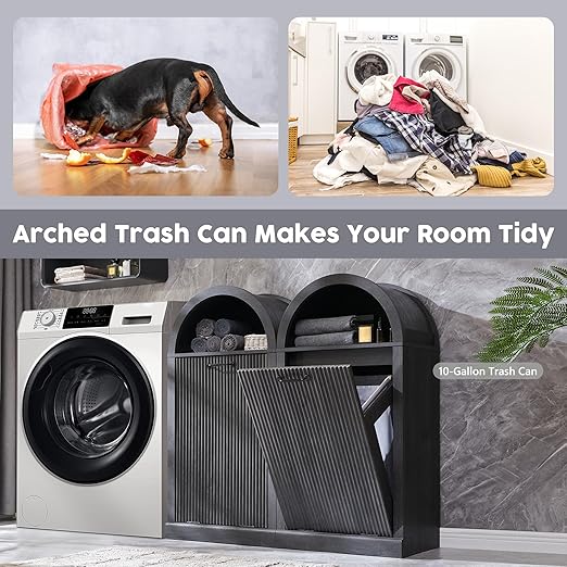 Arched Tilt-Out Trash Can Cabinet, Fluted 10 Gallon Trash Can Cabinet Set of 2, Modern Laundry Hamper Cabinet, Hidden Garbage Can with Storage Basket for Kitchen, Living Room, Dark Grey