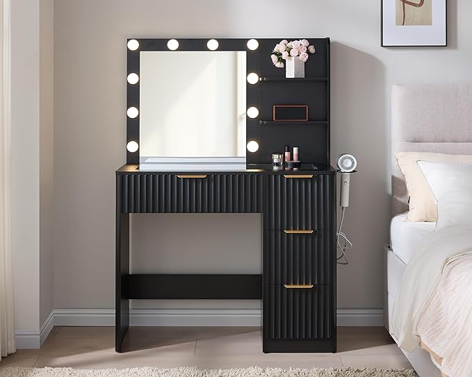 AMERLIFE 36.2" Fluted Vanity Desk with Mirror and Adjustable LED Lights, Large 4 Drawers Makeup Table with Glass Top and Charging Station for Women and Girls, Bedroom or Dorm, Black