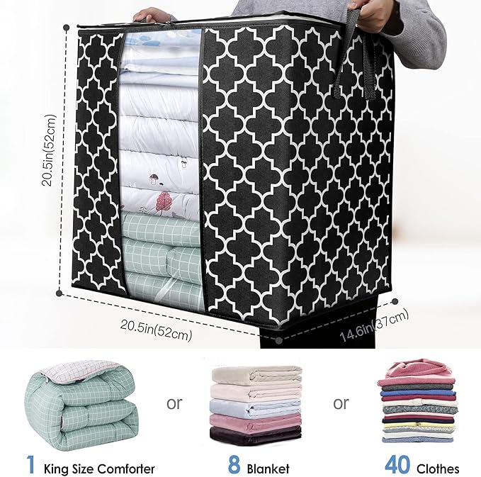 WISELIFE Storage Bags 8 Pack/100L Large Blanket Clothes Organization and Storage Containers for Comforters,Bedding, Foldable Organizer with Reinforced Handle, Clear Window, Sturdy Zippers,Black
