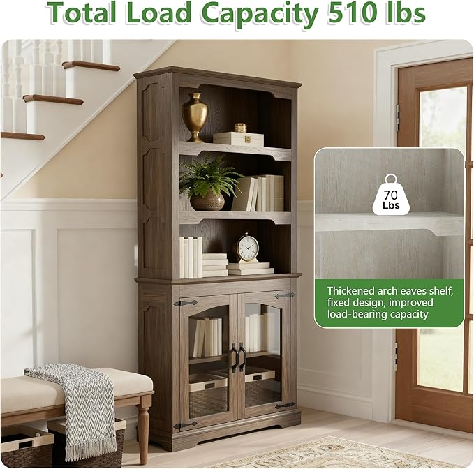 70 Inch Farmhouse Bookcase, Walnut Two-Tone Shelves, 5 Tier Bookshelf with Arched Trim Glass Doors, Living Room Storage Cabinet Unit, 31.5x11.8 Inches (Walnut, Glass Doors Storage)