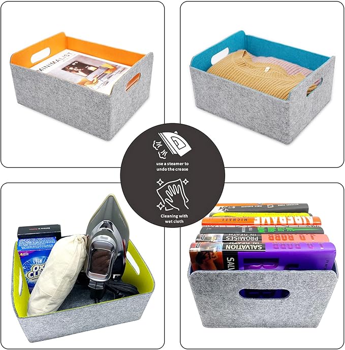 Welaxy Storage Baskets Collapsible Felt Storage bin Foldable Shelf Drawers Organizers for Kids Toys pet Toy magazine Books Clothes Closet Cabinet decluttering gift solutions (Oatmeal x 3)