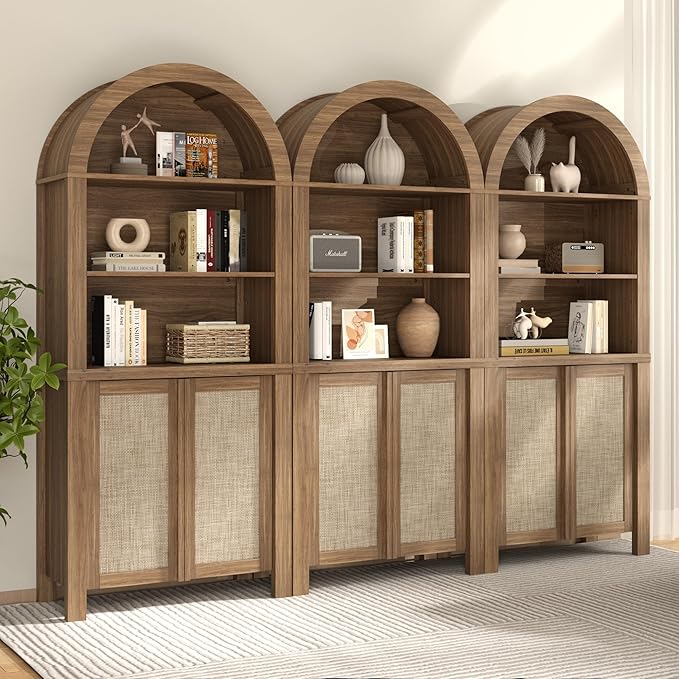Yechen Arched Bookcase, 70.5" Tall Bookcase with Storage, Mid-Century Modern 5 Tier Bookshelves with Door, Boho Rattan Bookshelf for Living Room Kitchen Office Bedroom Library, Natural Walnut,1 PCS
