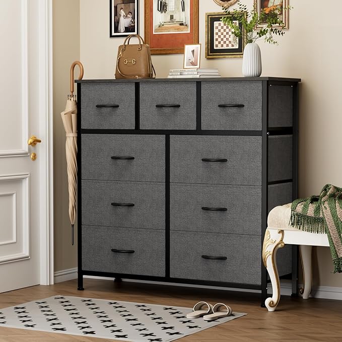 Sweetcrispy 9-Drawer Fabric Dresser Storage Tower with Wood Top and Steel Frame, Organizer Chest with Easy Pull Handles for Bedroom, Closet, Hallway,Modern Gray