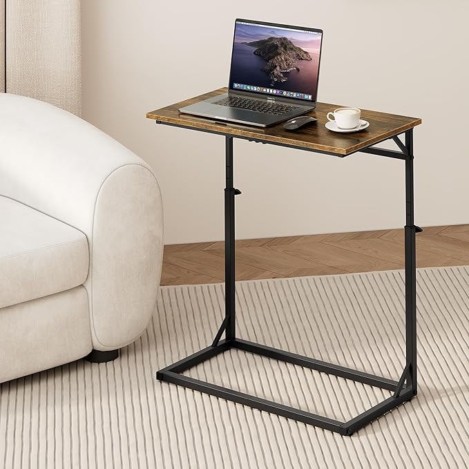Vagusicc C Shaped End Table, Tall Side Table for Couch, C-Table End Table Adjustable Height Side Tables, Large Surface Sofa Tables TV Tray, Slide Under Couch Tables for Sofa, Living Room,Bedroom,Brown