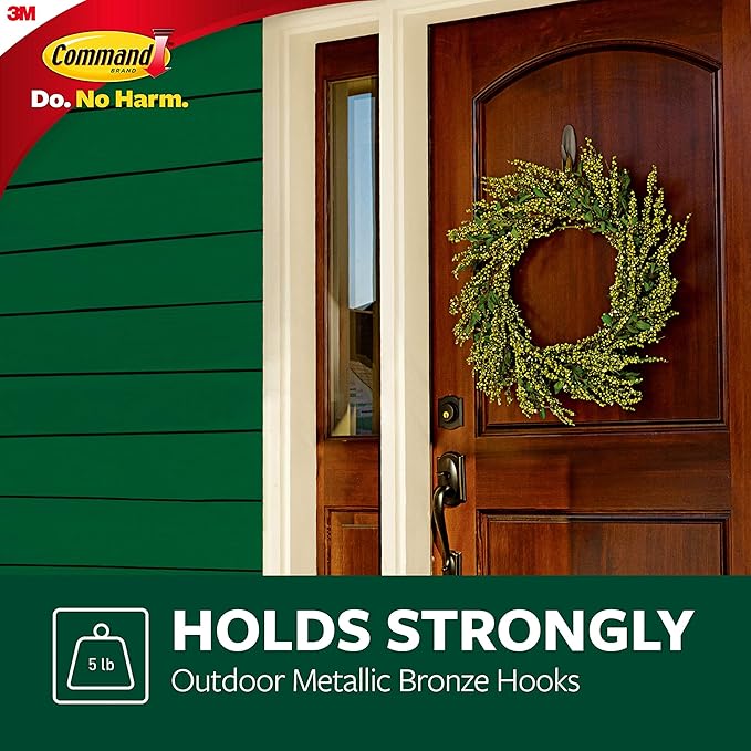 Command Outdoor Large Bronze Hooks, Holds up to 5 lb, 3 Hooks and 4 Command Strips, Damage Free Hanging Wall Hooks for Hanging Christmas Decorations with Weather Resistant Strips