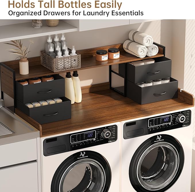 4 Drawers Washer Dryer Countertop with Shelf, 27.5" D x 54" W Laundry Topper with 3.54" High Guardrails and Non-Slip Pads,Extra Storage Organizer for Over Washer and Dryer, Holds 66 Lbs,Dark Walnut