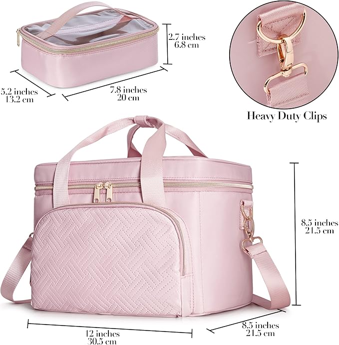 Travel Makeup Bag with 2 Pouches and Adjustable Dividers, Large Cosmetic Case Make up Organizer for Women Fits Bottles Vertically, Pink (Patented Design)