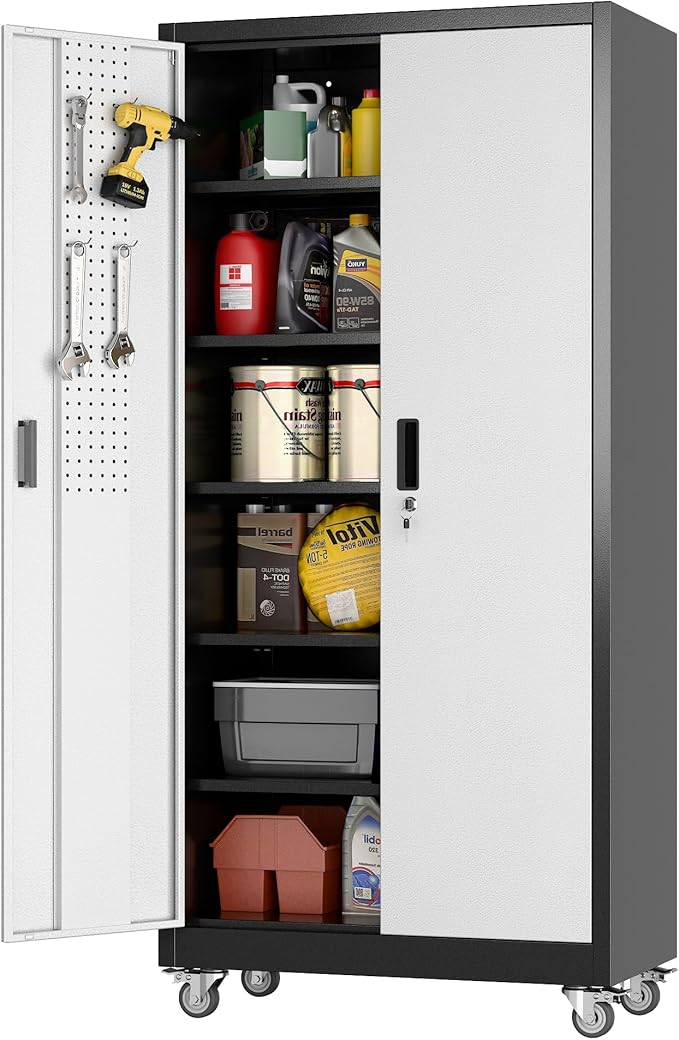 Aobabo Garage Metal Storage Cabinet with Wheels, 71" H×34" W×18" D Locking Steel Storage Cabinet with 5 Shelves and 4 Hooks, for Home Office, School, Assembly Required, Black Silver