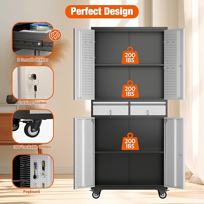 Aobabo Metal Storage Cabinet with Locking Doors and Pegboards, Steel Rolling Tool Storage Cabinet with 2 Drawer and 2 Adjustable Shelves for Garage, Kitchen, Office, Assembly Required, Black Grey