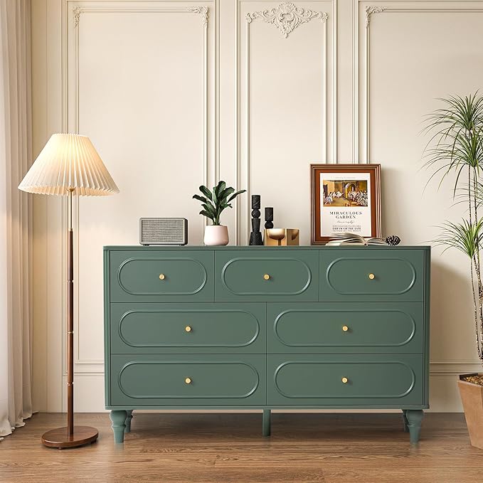 Fluted 7 Drawer Dresser for Bedroom, Modern Mid Century Chest of Drawers, Wood Storage Large Dresser Organizer for Bedroom Living Room Closet Hallway, Green