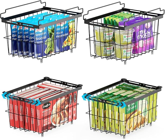 iSPECLE Freezer Organizer Bins - 4 Pack Adjustable & Extra Large Chest Freezer Organizer Bins for 5 to 9 Cu.Ft Deep Freezer, Easy Organize Basket Store More, Stackable No Wasted Space, Black